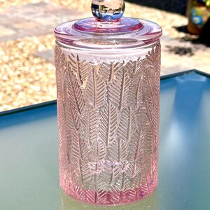 May include: A pink glass jar with a lid and a round knob. The jar has a cylindrical shape and is decorated with a feather pattern. The jar is sitting on a glass table.