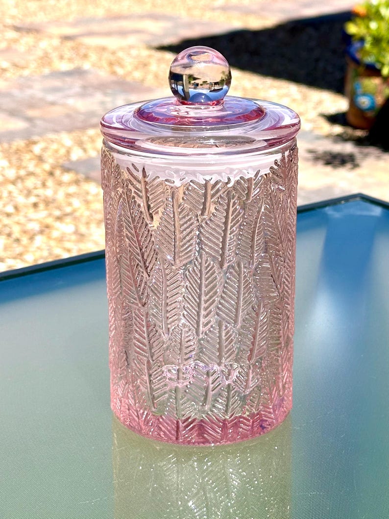 May include: A pink glass jar with a lid and a round knob. The jar has a cylindrical shape and is decorated with a feather pattern. The jar is sitting on a glass table.