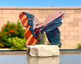 Lazart Butterfly Metal Art Sculpture On Sandstone Base Multicolor Figurine 4 5/8"