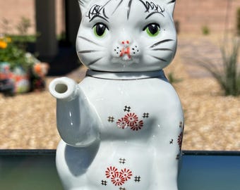 Lucky Cat Teapot or Creamer Green Heart Eyes Red and Gold Details Chinese