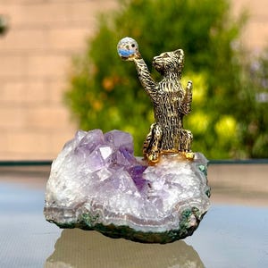 Amethyst Crystal Cluster Geode Slice w/ Brass Metal Cat Figurines holding Sphere Natural Quartz
