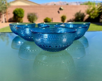 6 Fortessa Jupiter Cobalt Cornflower Blue Hobnail Glass Cereal Dessert Bowls
