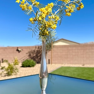 May include: A silver-colored, slender vase holds a vibrant arrangement of yellow flowers with green foliage. The vase has a heart-shaped base and a long, elegant neck. The background features a clear blue sky and a glimpse of a residential area.