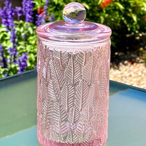 May include: A pink glass jar with a lid and a clear glass knob. The jar has a textured pattern of leaves. The jar is sitting on a reflective surface with a blurred background of green and purple plants.