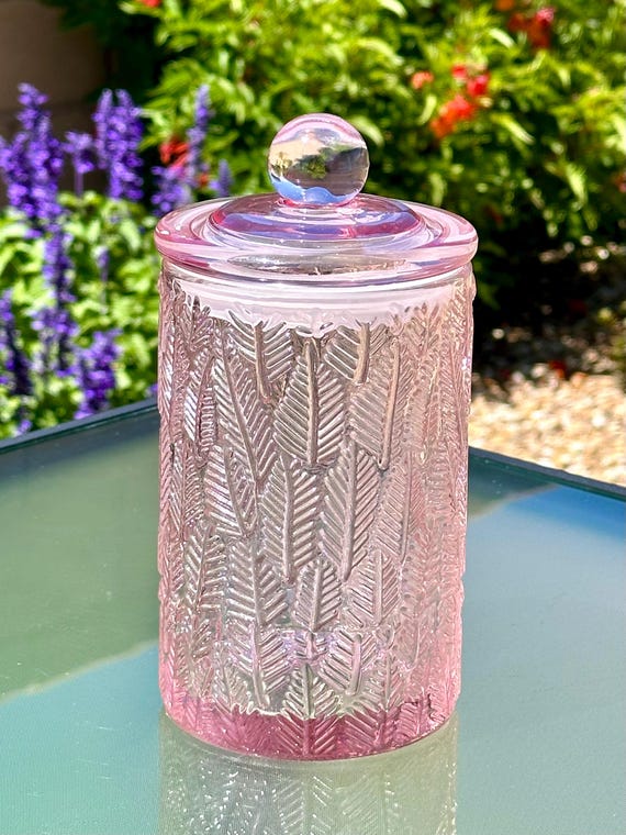 Vintage Glass Jar Canister Thick Pink Embossed Leaves Pattern w/ Ball Shaped Lid