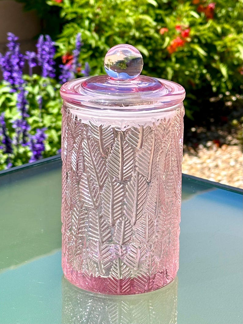 May include: A pink glass jar with a lid and a clear glass knob. The jar has a textured pattern of leaves. The jar is sitting on a reflective surface with a blurred background of green and purple plants.