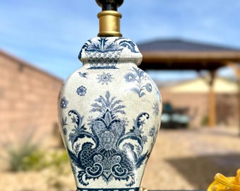 Vintage Blue & White Grey Porcelain Floral Ginger Jar Lamp Crackle Glaze 12"
