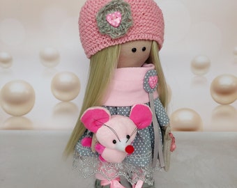 Interior doll, textile doll, handmade doll, rag doll, decorative doll, art doll, gift doll, gray pink doll