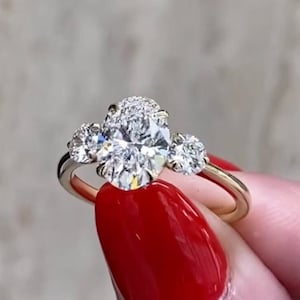 Oval Moissanite Three Stone Ring: Vintage Anniversary Promise Ring