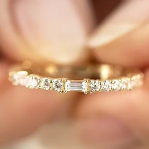 Baguette & Round Cut Moissanite Wedding Band Bridal Matching Band 14K Gold Stackable Engagement Band Unique Band Anniversary Gift For Wife