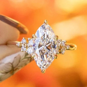 2 CT Marquise Moissanite Engagement Ring: 14K Gold Art Deco Cluster