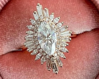 1 CT Starburst Marquise Cut Moissanite Engagement Ring 14K Gold Marquise Halo Cluster Ring Wedding Proposal Ring Promise Anniversary Ring