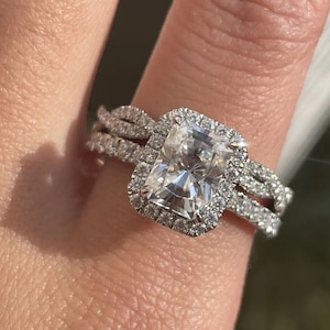 2.5 CT Radiant Moissanite Engagement Ring Set: 14K White Gold Hidden Halo Infinity Band