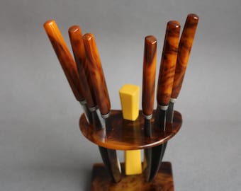 Zestaw noży Art Deco, 6 noży do owoców, bakelit i stal nierdzewna ze stojakiem