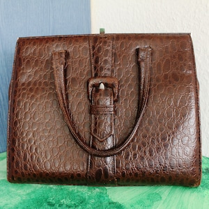 Bolso vintage muy grande GDR Ostalgie modelo marrón con patrón de cocodrilo ca. 1965