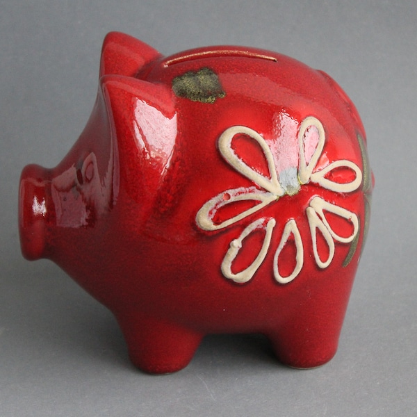 Vintage Sparschwein Keramik rot  mit weißer Blume