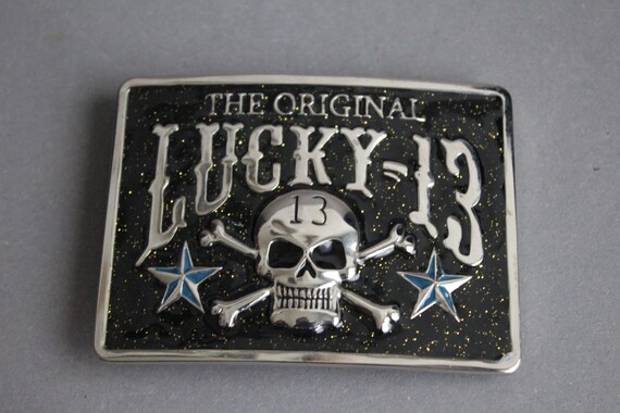Ausgefallene große Gürtelschnalle Original Lucky 13 mit Totenkopf aus Metall rechteckig View 3