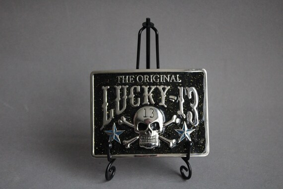 Ausgefallene große Gürtelschnalle Original Lucky 13 mit Totenkopf aus Metall rechteckig View 2