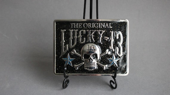 Ausgefallene große Gürtelschnalle Original Lucky 13 mit Totenkopf aus Metall rechteckig