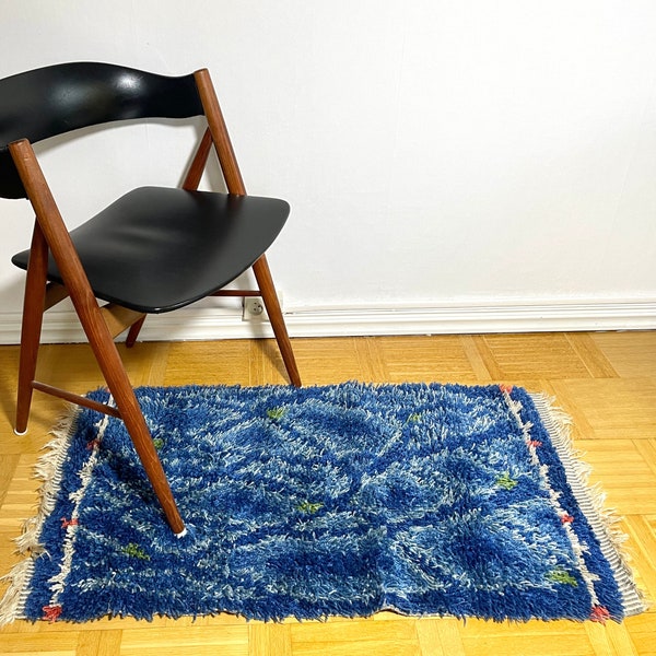 Vintage rya rug, Swedish textile, hand made, retro craft, Scandinavian design, Nordic home, 1960s. Mid century modern