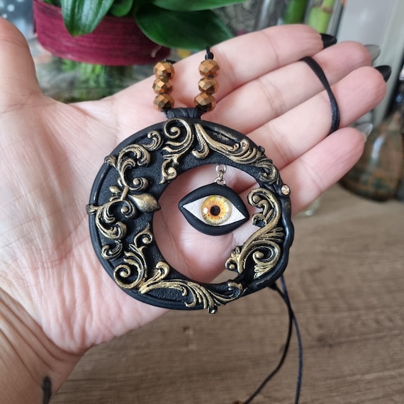 Xlarge Celestial Gaze of the Crescent Moon Polymer Clay Pendant