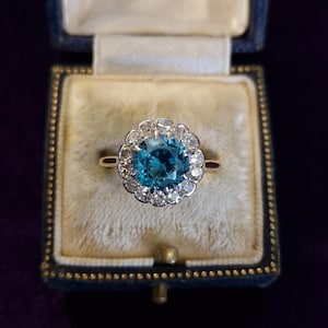 Vintage Ring Blue Zircon Diamond Ring 18ct Gold Platinum
