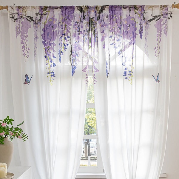 Rideaux personnalisés 2 panneaux voilages blancs fleur mauve glycine papillon pour salon chambre salle à manger chambre d'enfants décoration d'intérieur