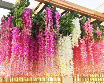 12Pcs Garland Silk Artificial Hanging Wisteria Flowers Vine Wedding Home Decor 