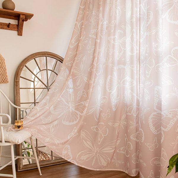 Rideaux personnalisés 2 panneaux rose transparent blanc impression papillon rideau de fenêtre pour chambre d'enfants salon chambre salle à manger décor à la maison