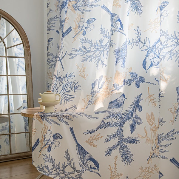 Rideaux personnalisés 2 panneaux en mousseline de soie blanche, Branches d'oiseaux bleus, imprimé rétro, pour salon, chambre à coucher, salle à manger, décoration de la maison