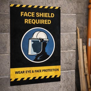 フェイスシールド着用義務 – 職場安全ポスター | PPE（個人用保護具）による目と顔の保護