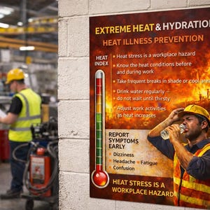 Extreme hitte en hydratatie – Veiligheidsposter ter voorkoming van hitteziekte