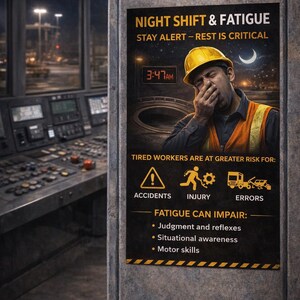 Night Shift Fatigue – Stay Alert, Prevent Errors Workplace Safety Poster