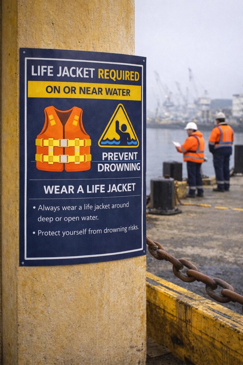 Life Jacket Requird Sign Life Jacket Required Safety Poster – Waterfront & Industrial Sign ...