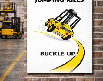 Forklift Safety Poster – Jumping Kills, Buckle Up | Workplace Sign for Industrial Equipment