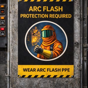 May include: A safety sign with the text "ARC FLASH PROTECTION REQUIRED" and "WEAR ARC FLASH PPE". The sign features an illustration of a person in orange protective gear welding, with sparks flying. The sign is mounted on a concrete wall.