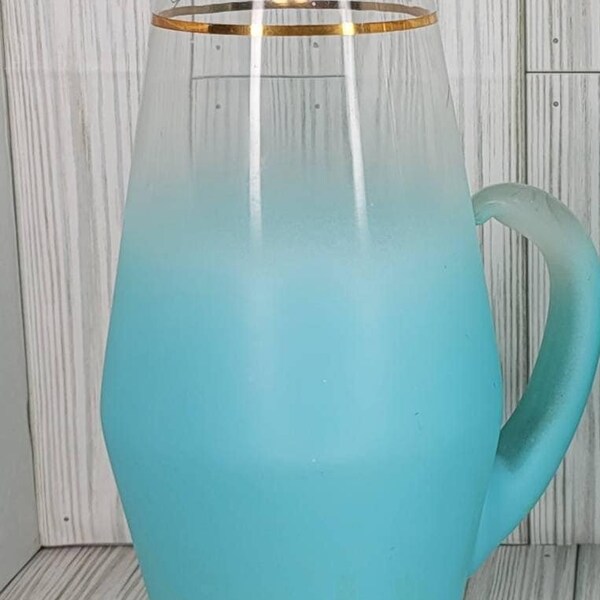 Vintage Blendo Turquoise Frosted Glass 11.5" Pitcher  Gold Rim West Virginia