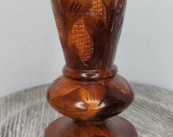 Folk Art Hand Carved Turned Wood Vase  Turned Flower & Leaf Design 7.5' Tall