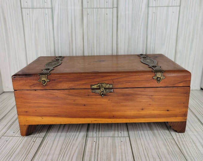 Vintage Cedar Chest Trunk / Latch Jewelry Box Footed Metal Accents