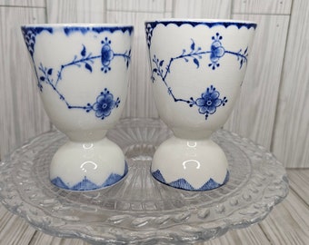 Vintage Set of 2 Denmark Royal Copenhagen Blue Fluted Plain Double Egg Cups
