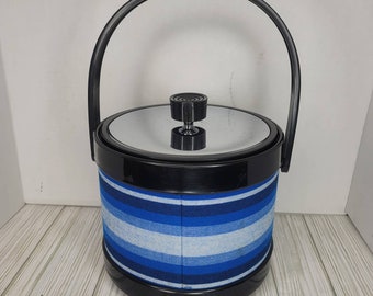 Retro Ice 1980s Bucket Blue Stripes Crome Lid Atapco Great Condition Barware