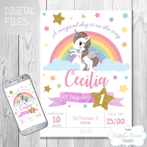 Invito festa di Compleanno o Battesimo a tema UNICORNO - UNICORN Digital Party Invitation Birthday, whatsapp invitation - DIGITALE