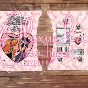 May include: Pink and white Valentine's Day themed snack bag with a cartoon couple kissing inside a heart. The bag has the text "Happy Valentine's Day" and a nutrition facts label that says "Love is..." with a list of 100% ingredients like happiness, joy, family, and friends.
