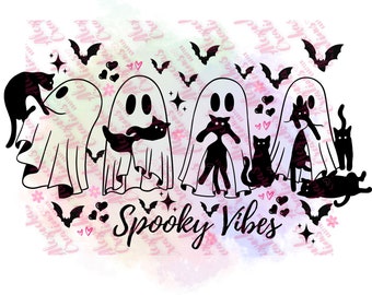 Spooky Vibes Ghost Cat Lovers Wrap PNG, 16 oz Cup Wrap, Wrap UVDTF, impression DTF, Spooky Ghost, chats, chauves-souris
