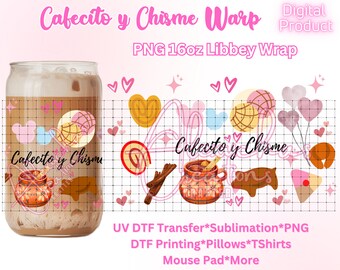 Cafecito y Chisme PNG / 16oz Libbey Cup Wrap (Descarga digital)