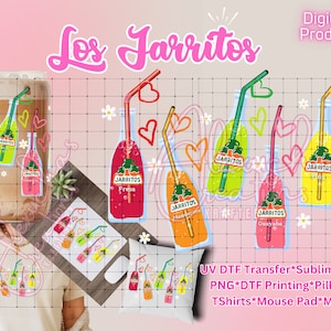 May include: A digital download of six colorful illustrations of Jarritos soda bottles with straws and hearts. The bottles are labeled with the flavors: Fresa, Mandarina, Guayaba, Limon, and Piña. The text "Los Jarritos" is at the top of the image. The text "UV DTF Transfer*Sublimation PNG*DTF Printing*Pillows Tshirts*Mouse Pad*More" is at the bottom of the image.