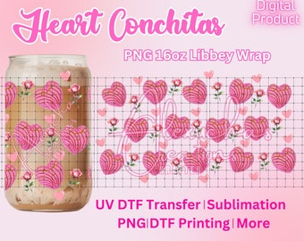 Roses roses + conchitas roses coeurs Wrap PNG, 16 oz tasse Wrap, UVDTF Wrap, conchitas roses coeur, roses roses, impression DTF