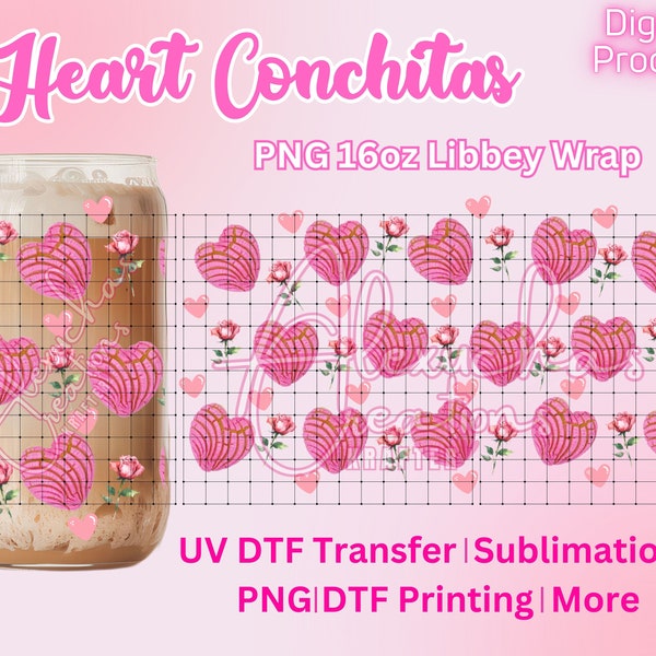 Pink Roses+Pink Conchitas Hearts Wrap PNG, 16 oz Cup Wrap, UVDTF Wrap, Pink Heart Conchitas, Pink Roses, DTF print