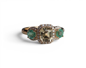 Unheated yellow Sapphire and Emerald with Natural Diamonds Ring