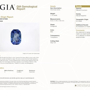 May include: A GIA Gemological Report for a natural blue sapphire. The report details a 1.19 carat, octagonal, step-cut stone measuring 6.52 x 4.48 x 4.05 mm. The document confirms the origin as Sri Lanka with no indications of heating.